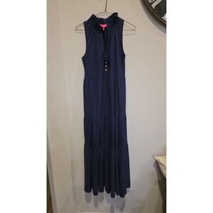 Lilly Pulitzer Malone Maxi Dress Womens XS Navy Blue Sleeveless Tiered Tassel